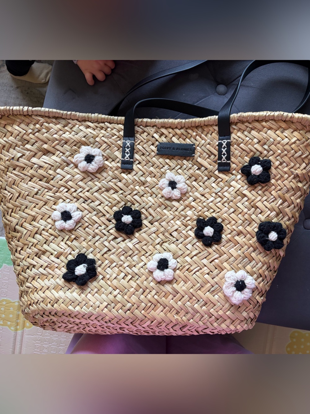 Poppy & Peonies Black Floral Straw Tote Bag